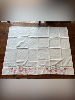 White Embroidered Pillow Cases Red & Green Floral Accent